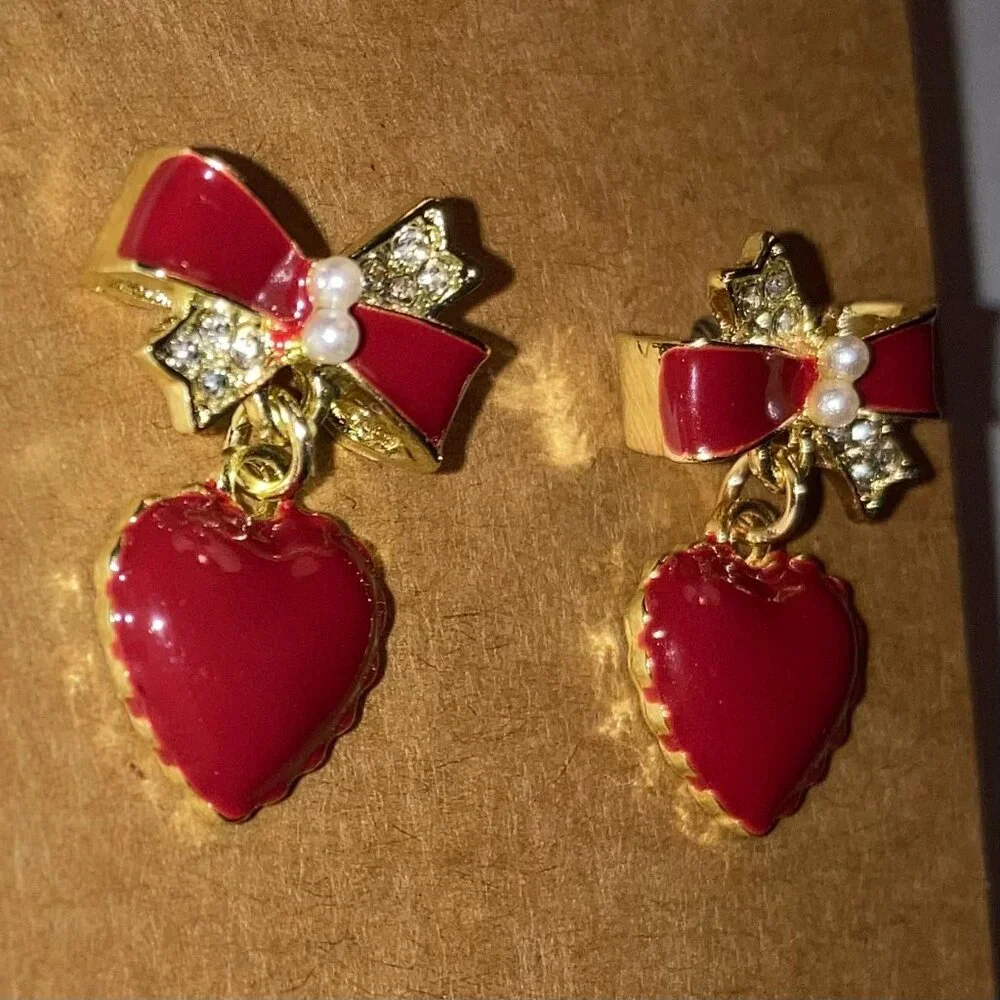 Red Bow Heart Pearl Stud Earrings Whimsy Coquette Kawaii Cocktail Love Jewelry